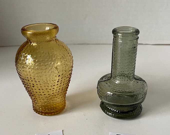 Set of 2 Small Shadow box Amber & Smokey Gray Hobnail Bud Glass Vases