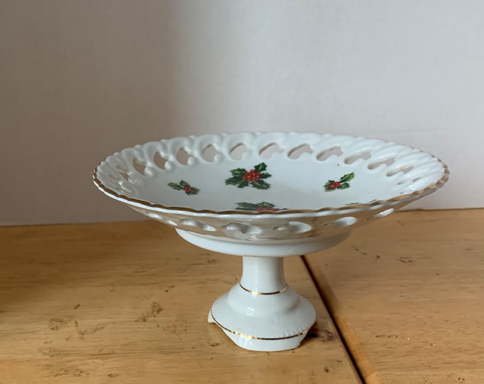 Lefton Mid Century Modern Lefton holly pedestal candy dish # 7956
