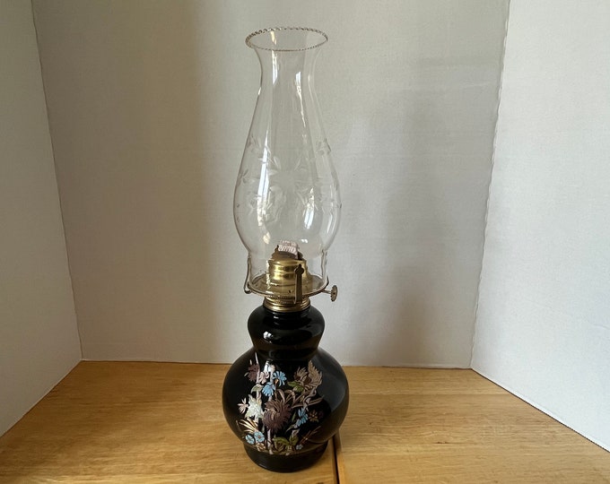 Kaadan painted floral Glass oil lamp with flower etched chimney and wick.