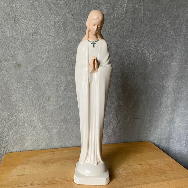 Tall 15" Madonna vintage ceramic statue with blue  rhinestone cross necklace