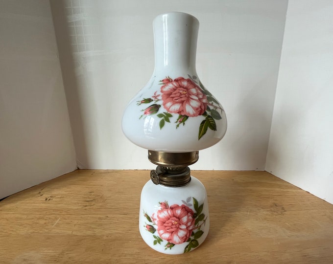 Vintage small white milk glass floral Oil Lamp with matching floral chimney and wick