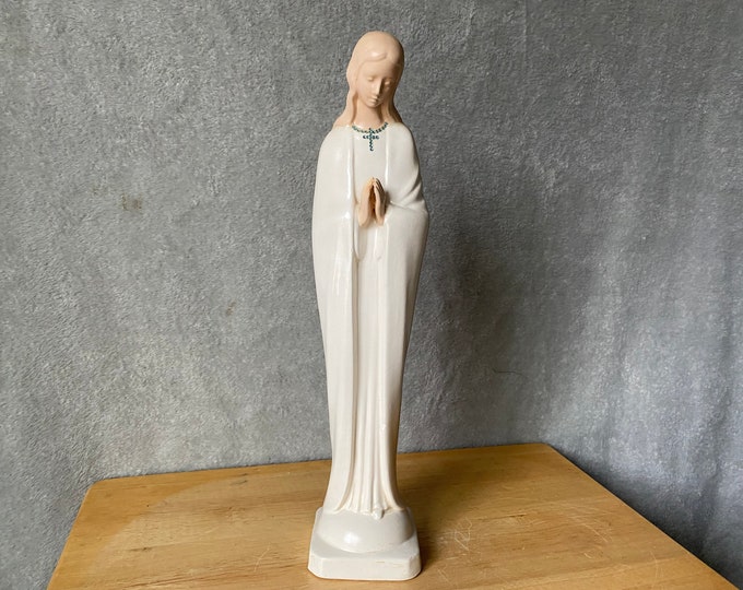 Tall 15" Madonna vintage ceramic statue with blue  rhinestone cross necklace