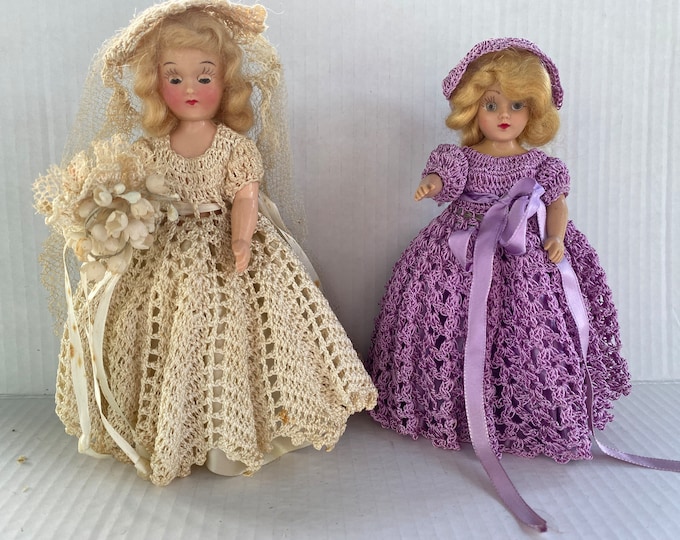 Set of 2 Vintage Sleepy Eye Bride and Bridesmaid Crochet Dresses 7 1/2" Dolls