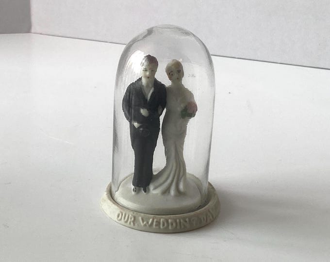 1930s-1940s Art Deco Bisque Bride and Groom in Glass Cloche Dome Cake Topper