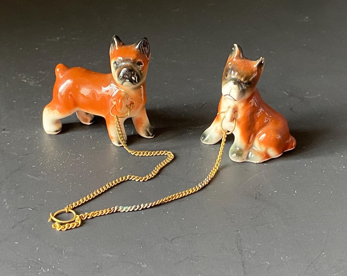 Set of 2 Vintage Boxer puppies Glazed China Chain Animal Family Metal leash