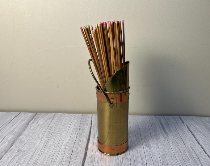 Brass and copper tall fireplace match holder
