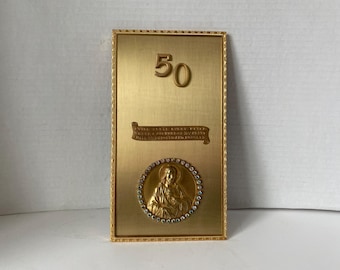 Vintage  Wedding Anniversary Brass & Gold Tone Plaque with Sacred Heart of Jesus Blessing embellished with aurora borealis rhinestones