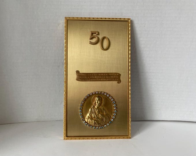 Vintage  Wedding Anniversary Brass & Gold Tone Plaque with Sacred Heart of Jesus Blessing embellished with aurora borealis rhinestones