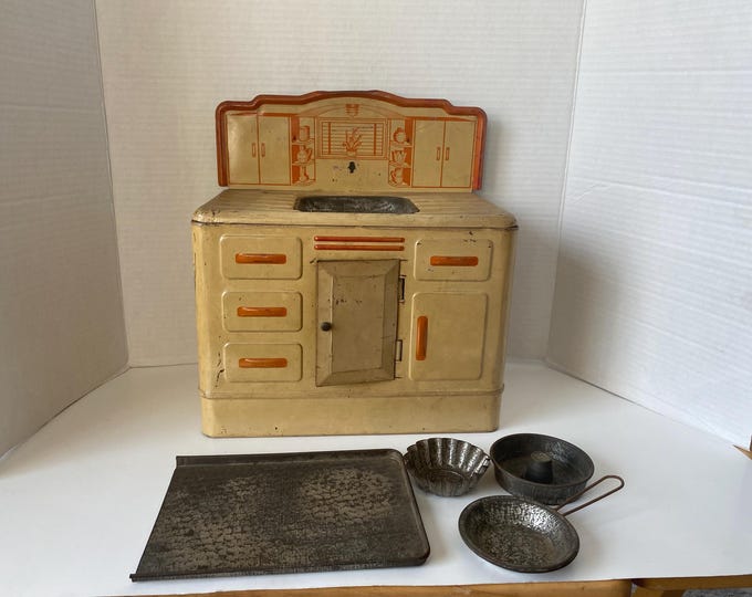 1950s Wolverine Tin Sink with vintage  4 piece kitchen metal accessory set