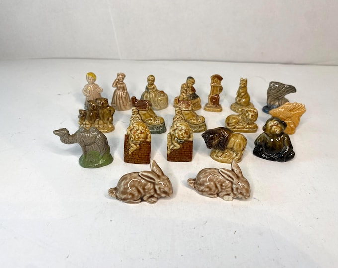 Set of 19 Vintage Wade Whimsies Miniature Figurines Found in Red Rose Tea Including Several Nursery Rhyme figurines.