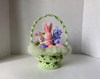 Vintage Handmade Green Macramé/Crocheted Spring Easter Basket with Bead accents, and fluffy yarn center with Easter Decor