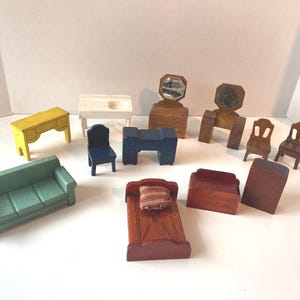Vintage 13 Piece Dollhouse 1:18 scale furniture includes sofa, desk/chair, sink, sideboard, dresser, vanity chairs, bed, dressers and pillow