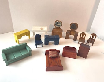 Vintage 13 Piece Dollhouse 1:18 scale furniture includes sofa, desk/chair, sink, sideboard, dresser, vanity chairs, bed, dressers and pillow