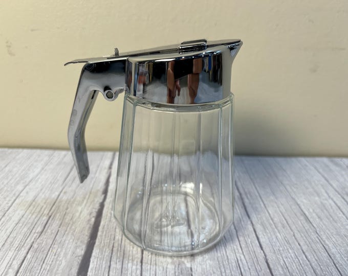 Vintage BMF plastic silver top ribbed glass bottom syrup dispenser