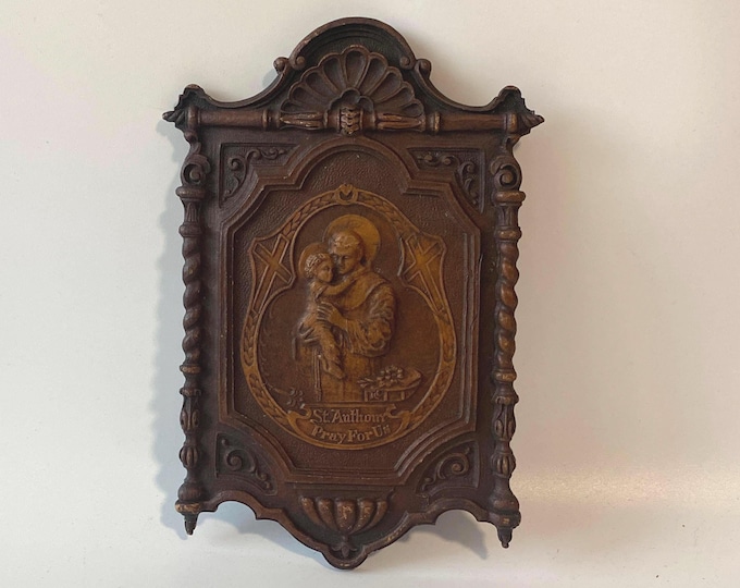 Antique Gothic Style Hand Carved Wood Composite Sanctuary Wall Plaque of St. Anthony and Christ Child "Pray for Us"