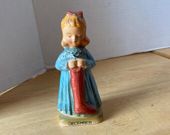 Adorable!!  December Vintage Ceramic Little Girl Holding Christmas Stocking