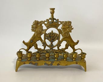 Antique Brass Eastern European Lions of Judah Menorah from 19th Century or Very Early 20th Century