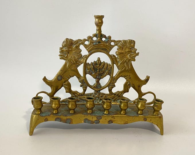 Antique Brass Eastern European Lions of Judah Menorah from 19th Century or Very Early 20th Century