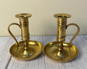 Pair of polished brass Chamber stick candle holders made in India