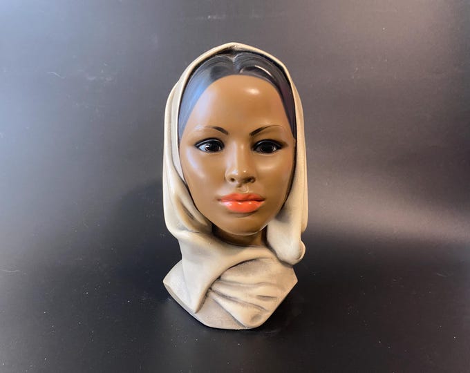 1960s Marwal Chalkware Dark Skin Lady Bust with Glass Eyes