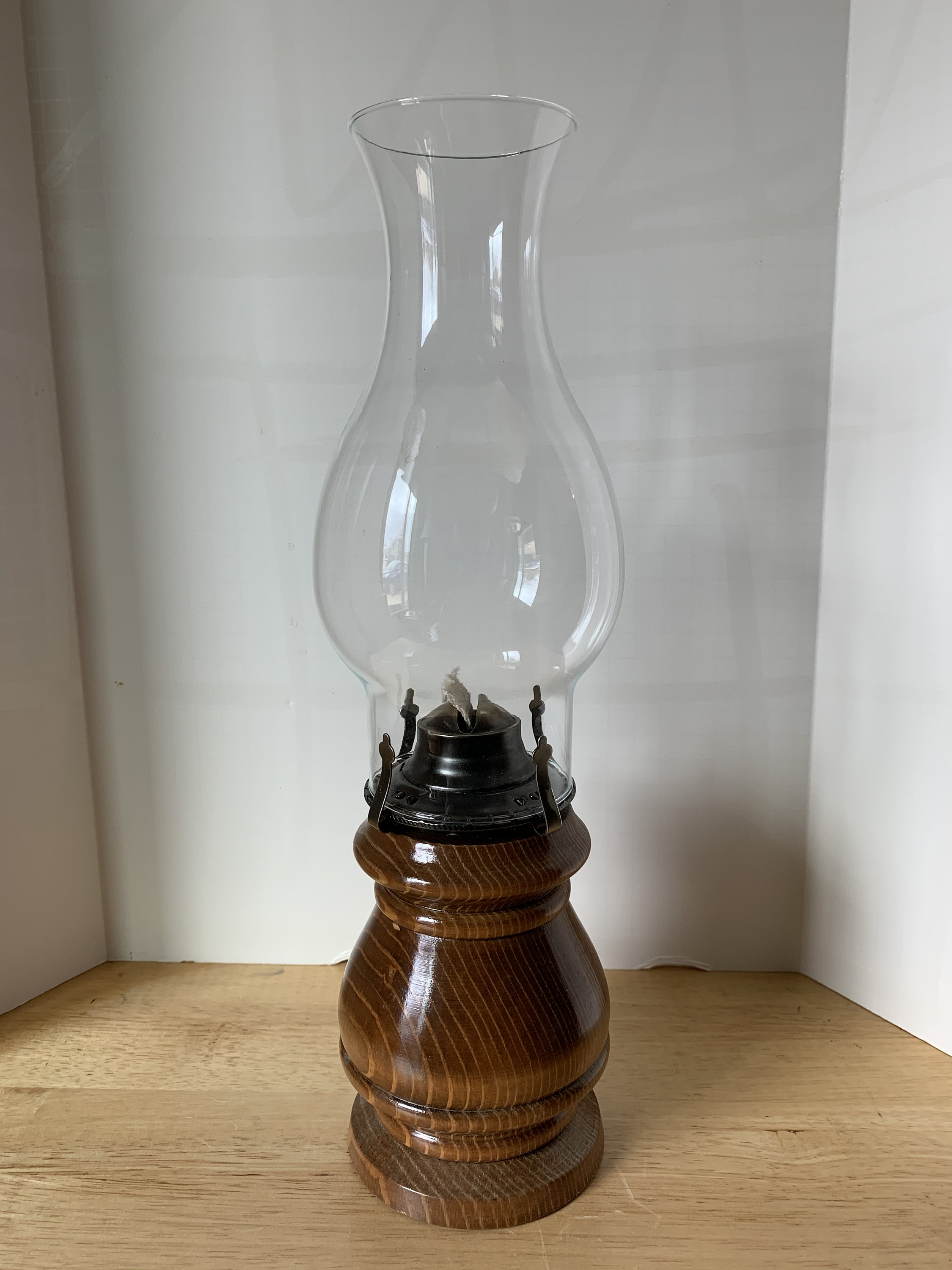 Vintage wooden base oil lamp with chimney and wick