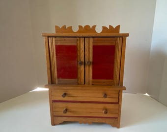 Vintage Wooden 11" Tall Wooden Cupboard with Red Painted Cupboard doors and Two Drawers