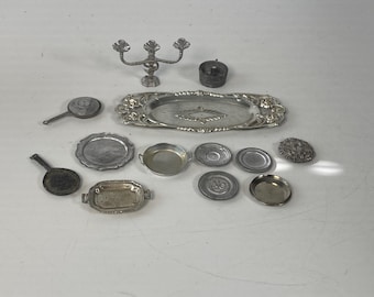 12 Piece Miniature Dollhouse Cast Metal silver colored plates, trays, pans, pots, bundt pan and candlestick