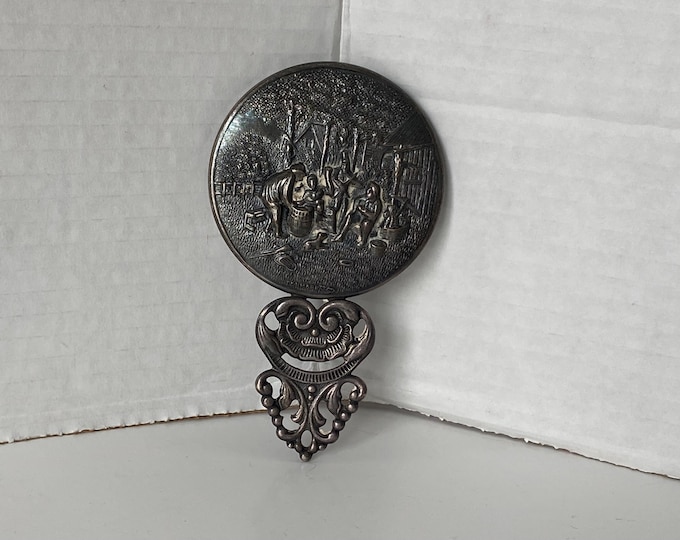 Vintage Denmark Silver Plate Repousse Hans Jensen Small Round Hand Beveled Glass Mirror