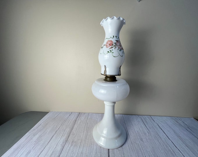 Vintage large white milk glass pedestal oil lamp with scalloped floral chimney and wick