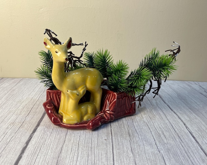 Vintage Shawnee Pottery Planter of doe and fawn by tree stump