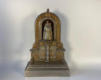 12" Vintage 1970s Belgian 2 Tone Virgin Mary and Christ Child Cast Metal Tabletop Shrine