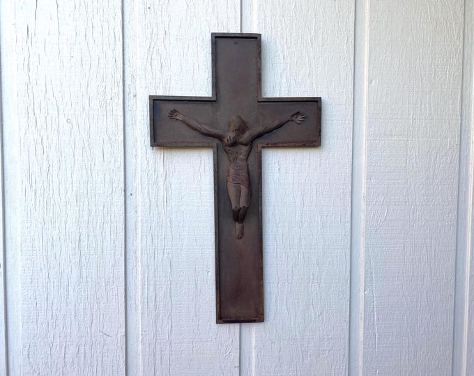 30" Tall Vintage Rusted Weather Metal Wall Crucifix