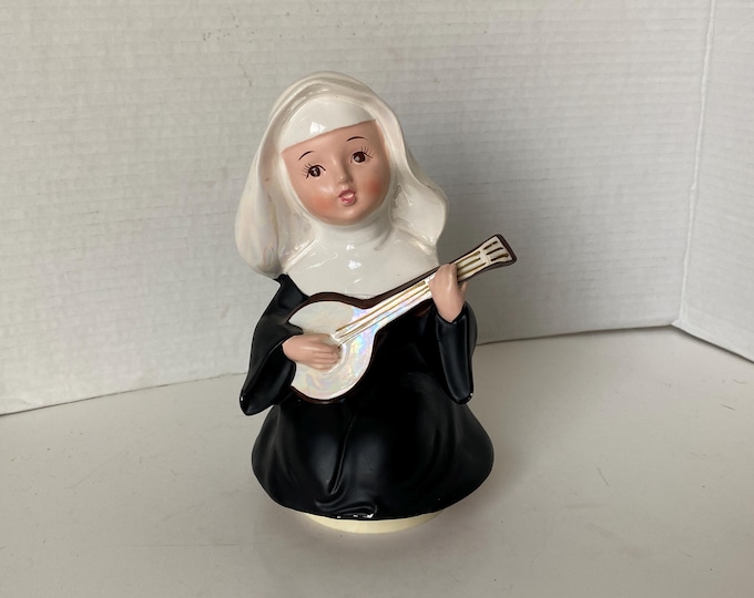 Vintage 7 3/4" tall Berman and Anderson Inc Nun/Sister  Playing Lute Music box that spins