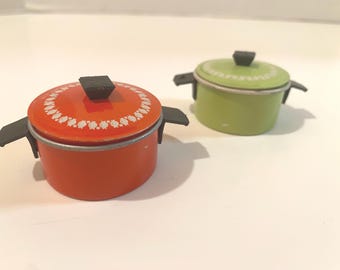 RARE! Set of 2 Lidded 1950s Dollhouse Metal  Pots with matching Lid with decorated pattern