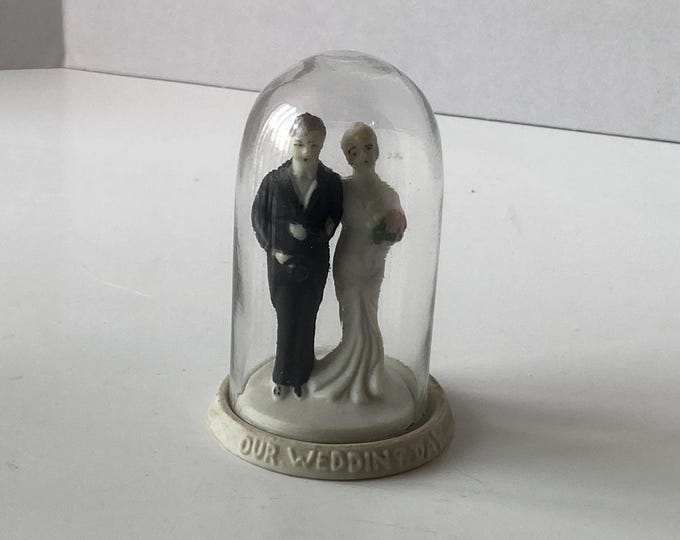 1930s-1940s Art Deco Bisque Bride and Groom in Glass Cloche Dome Cake Topper