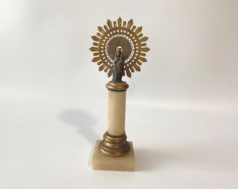 8" Vintage  Marble and Spelter Our Lady of the Pillar with Sunburst Halo table Figurine