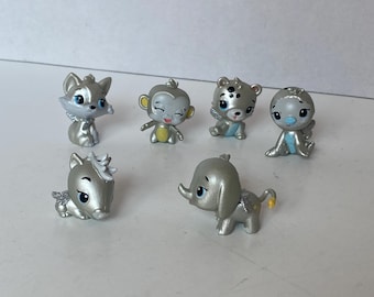 6 Piece Set of Platinum color Hatchimals Colleggtibles -Posswift Possum, Foxin, Monkiwi, Elefy, Albasloth & Cheetree w/silver glitter wings