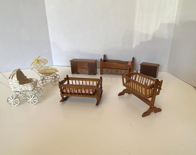 Vintage 7 Piece Dollhouse Baby Furniture Set with Trundle Bed, Dresser, Side table, 2 Cribs and Metal or Wicker Baby Buggies  1:12 scale