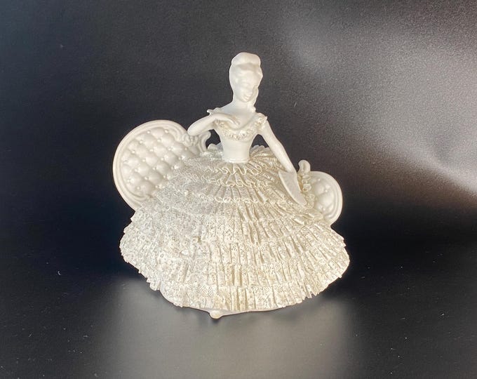 Vintage Dipped Lace Dress Porcelain Victorian Lady Dresden-Style Figurine Sitting on Sofa