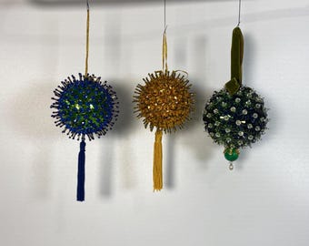 Set of 3 Vintage Gold, Green and Blue Sequins with Gold Blue and Clear Push Pin Kit Christmas Ornaments