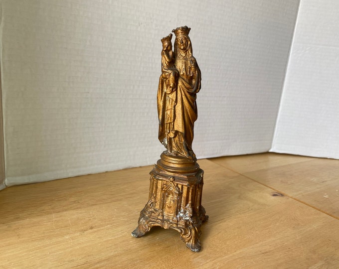 Vintage French St. Anne De Beaupre & Mary the Virgin Child Gilt Metal (Spelter?) Statue7 1/2" tall