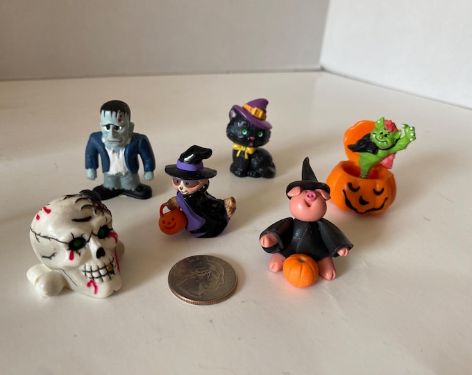 Set of 6 Vintage Halloween Figurines from Russ Berrie, Hallmark, Monster Springing  in Pumpkin Hallmark Witch and a Hand Crafted pig witch