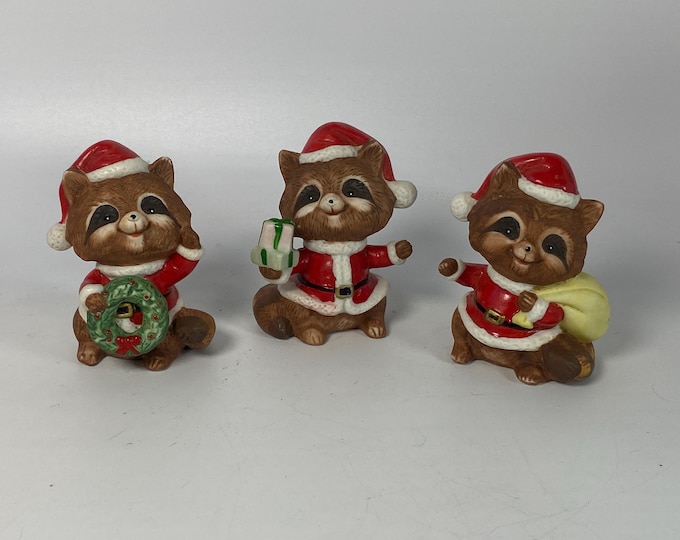 Vintage Set of 3 HOMCO #5611 Santa Raccoon Ceramic Bisque figurines in Original Styrofoam packaging