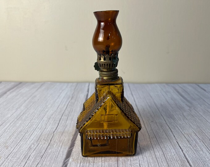 Vintage miniature amber color glass house oil lamp with dark amber chimney and wick