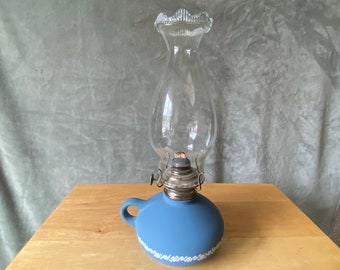 Vintage Kaadan Ltd opaque cornflower blue glass with white flowers finger Oil Lamp clear chimney and wick