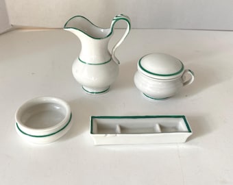 4 Piece Vintage Miniature Porcelain Green Striped glass kitchen playset - Pitcher, bowl, cup and relish tray