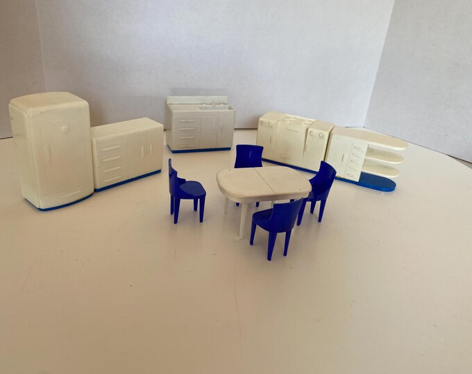 1950-60s "A Plasco Toy" 10 Piece 1:16 scale Dollhouse Furniture includes Table, 4 chairs, Fridge, Stove, Sink and 2 cabinets