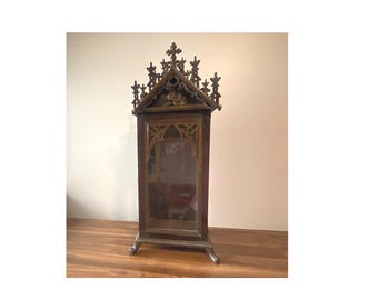 35" Tall Antique Reliquary Vitrine in Neo-Gothic Style wall Cabinet with 3-sided Glass Panels, Roof Cross Spires and Lion Claw Feet