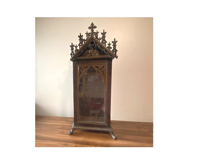 35" Tall Antique Reliquary Vitrine in Neo-Gothic Style wall Cabinet with 3-sided Glass Panels, Roof Cross Spires and Lion Claw Feet