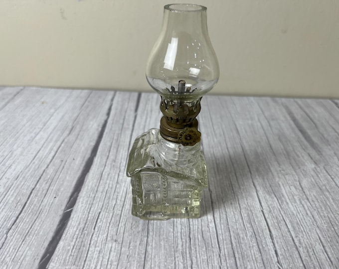 Vintage miniature clear glass house oil lamp with chimney and wick